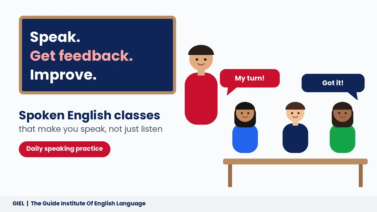 Illustration of a spoken English class where students speak and get feedback